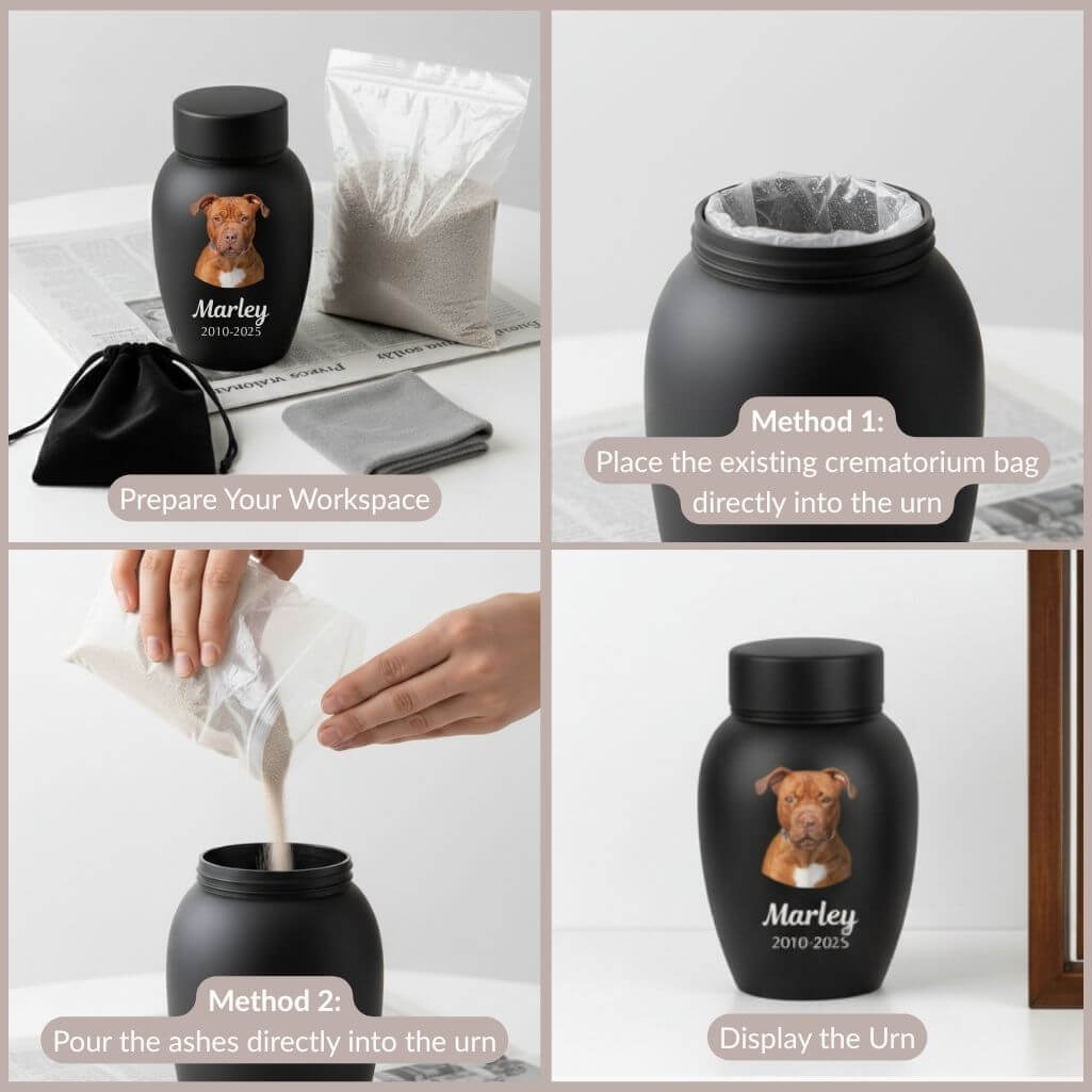A four-panel image guide showing two methods for transferring a dog's ashes into a personalized urn: either placing the bag directly inside or pouring the ashes in